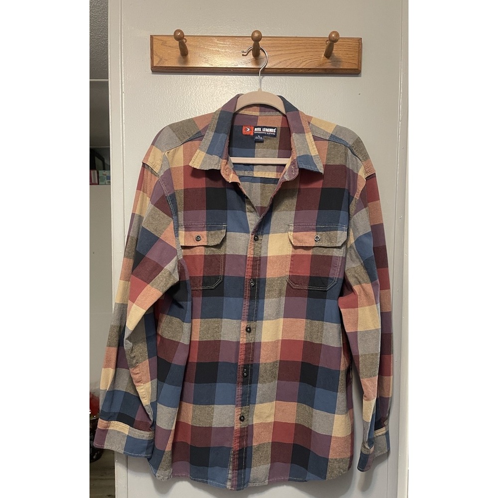 Reel  Legends Men's Xl Plaid Button Up Shirt Navy/Tan Long Sleeve Performance